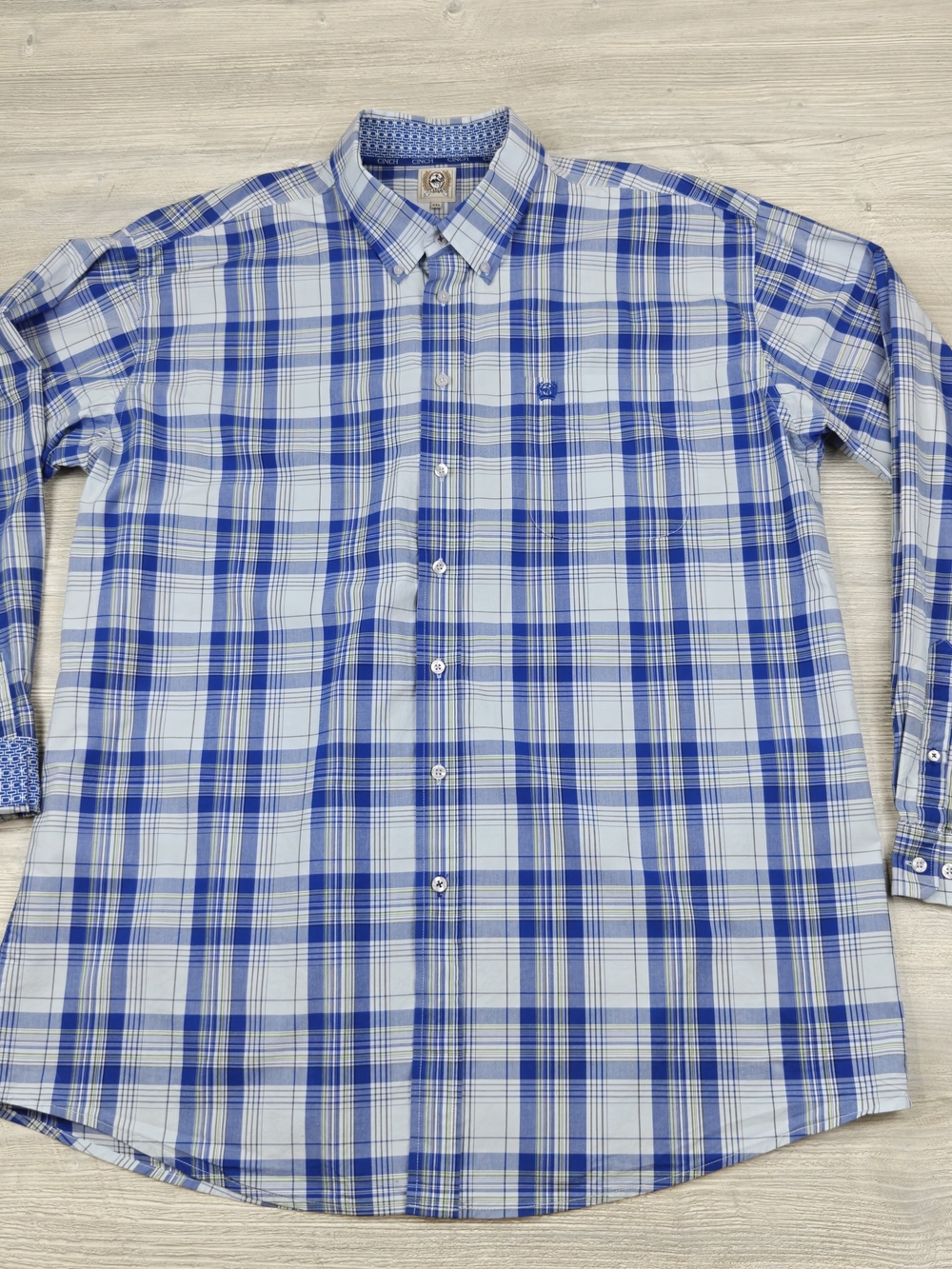 Cinch Mens XXL Blue White Plaid Long Sleeve Western Shirt Geo Trim 100% Cotton